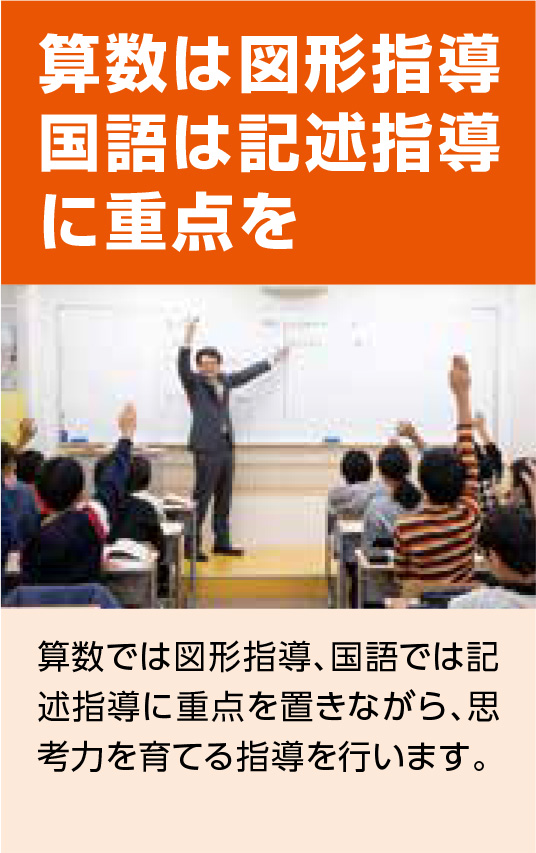 算数は図形指導国語は記述指導に重点を 算数では図形指導、国語では記
述指導に重点を置きながら、思考力を育てる指導を行います。